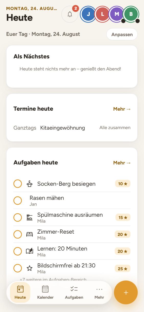 Der Bereich Heute in Bruno: Als Nächstes, Termine und Aufgaben des Tages