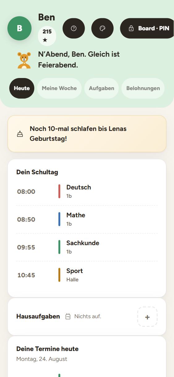 Mein Bereich: die eigene Seite eines Kindes mit Tagesplan